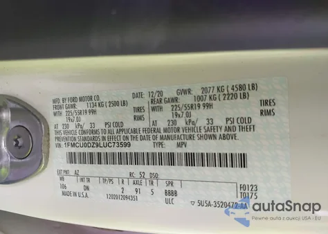 2020 Ford Escape Titanium Hybrid from USA, damaged, VIN 1FMCU0DZ9LUC73599